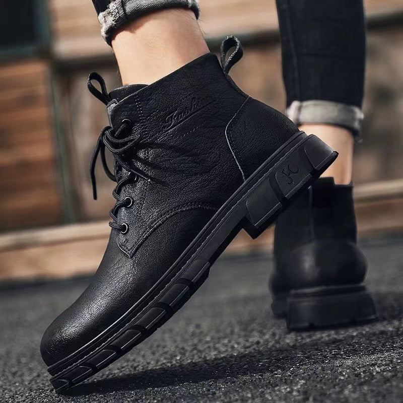 High-top Men's Black Leather Shoes