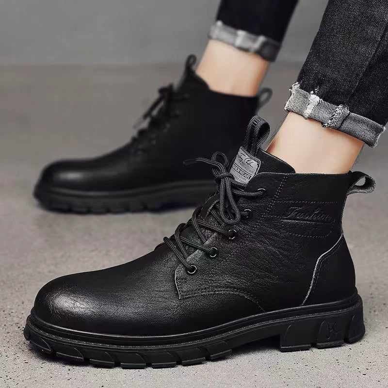 High-top Men's Black Leather Shoes